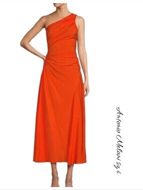 Antonio Melani Lena One Shoulder Asymmetric Ruched Maxi Dress Sz 6 Orange Citrus